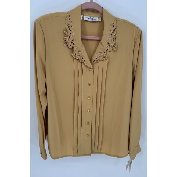 Vintage Kathy Che Beige Pleated Button-Up Blouse With Embroidered Collar Womens - Picture 2 of 10
